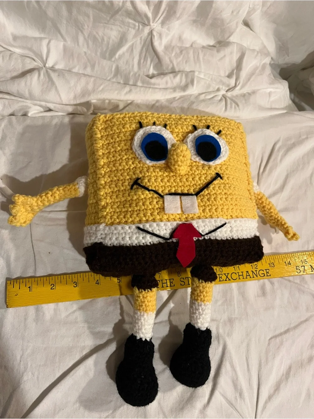 Handmade Yellow Character Crochet Plush Toy with Red Tie Sponge Bob
